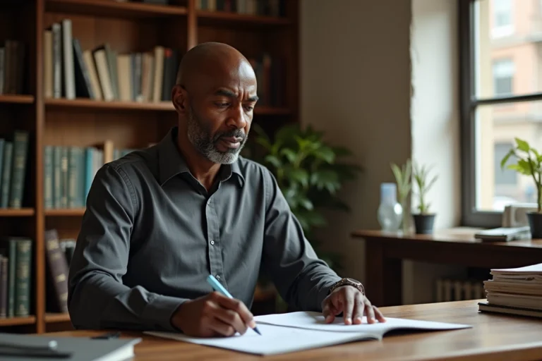 Portrait éditorial d'un homme d'origine est-africaine dans son bureau à domicile, illustrant la vie privée et l'identité personnelle