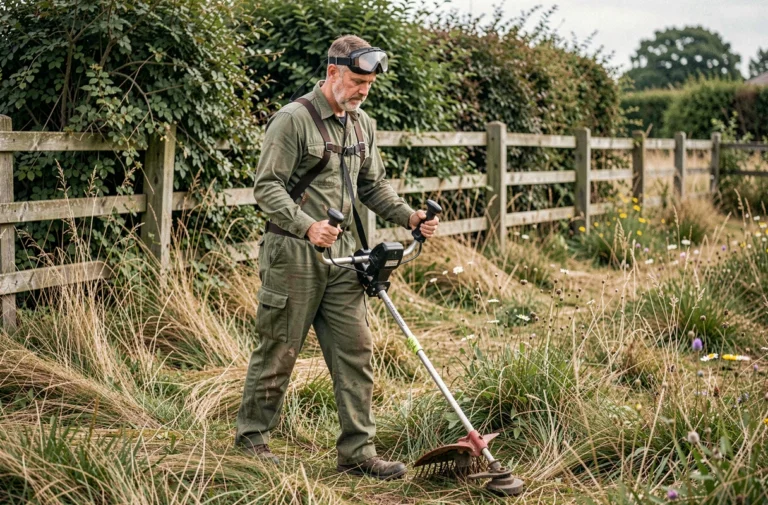 Homme utilisant une débroussailleuse thermique dans un champ envahi par la végétation en été