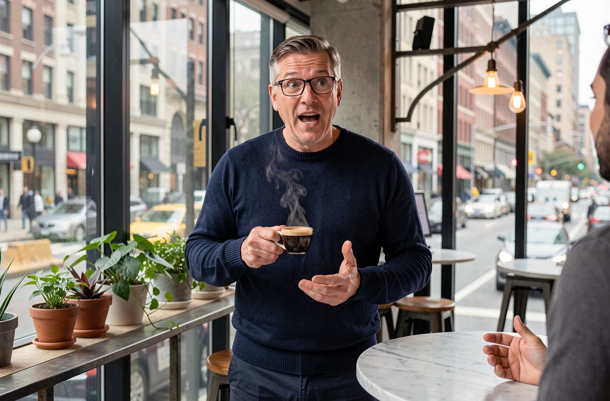 Homme dynamique en discussion créative dans un café urbain moderne, illustrant le pouvoir des échanges verbaux pour booster la créativité