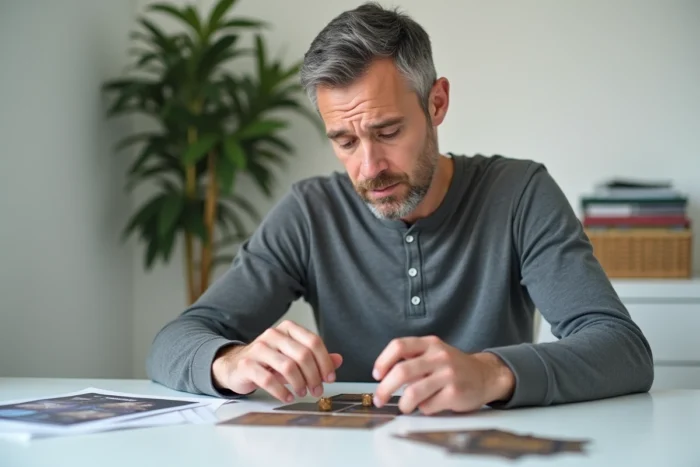 Homme adulte consultant un guide de solutions pour le jeu Exit en arrangeant des cartes et composants sur un bureau moderne