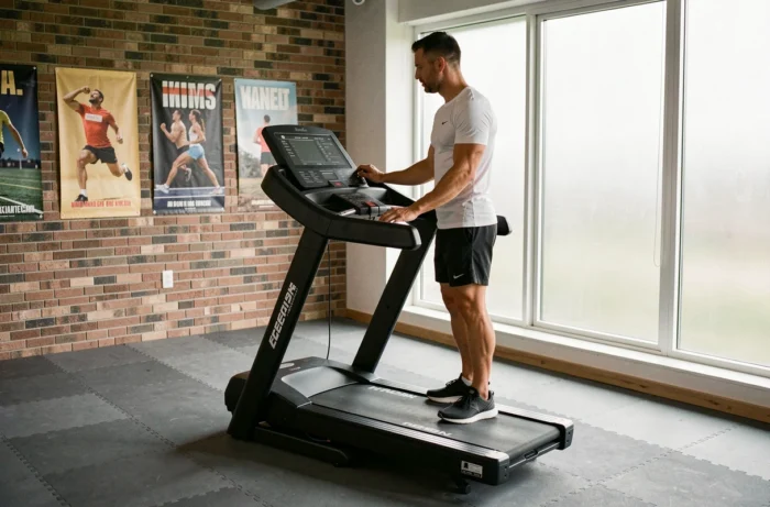 Homme ajustant l'inclinaison du tapis de course Sportstech F37s Pro dans un home gym spacieux avec vue de profil complète de l'équipement