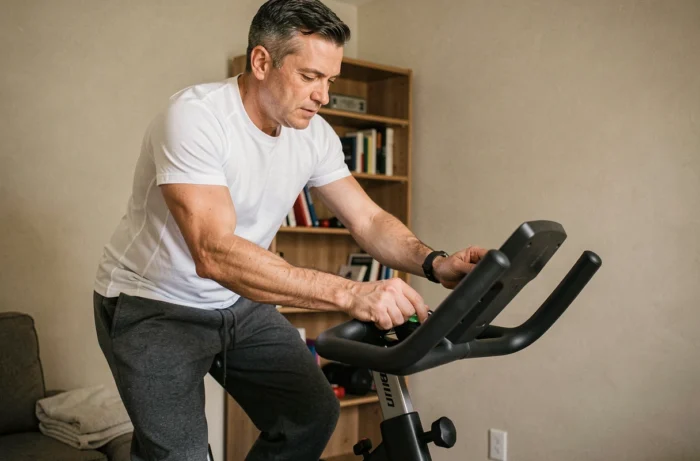 Homme réglant la résistance d'un vélo d'appartement dans un appartement aménagé en espace fitness