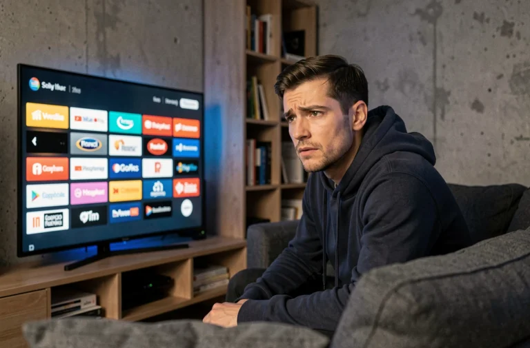 Homme réfléchi regardant une interface de streaming sur sa télévision dans un appartement moderne, illustrant le choix entre plateformes légales et streaming illégal
