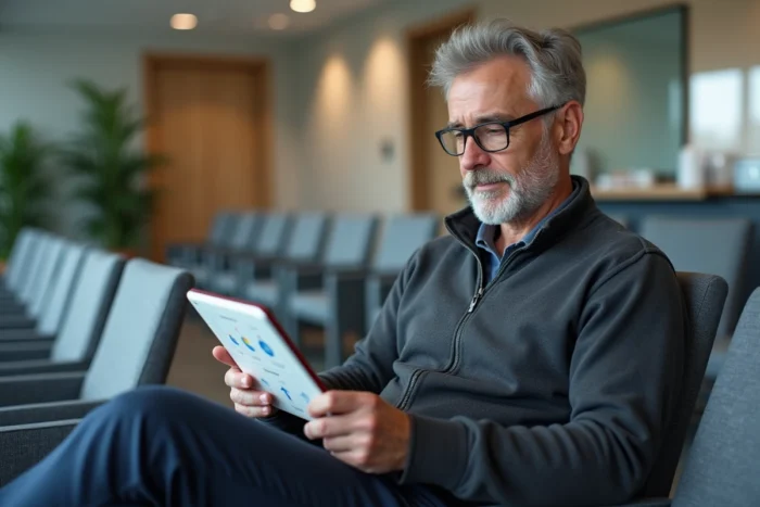 Homme diabétique utilisant une application de suivi de l'insuline sur tablette dans une salle d'attente médicale