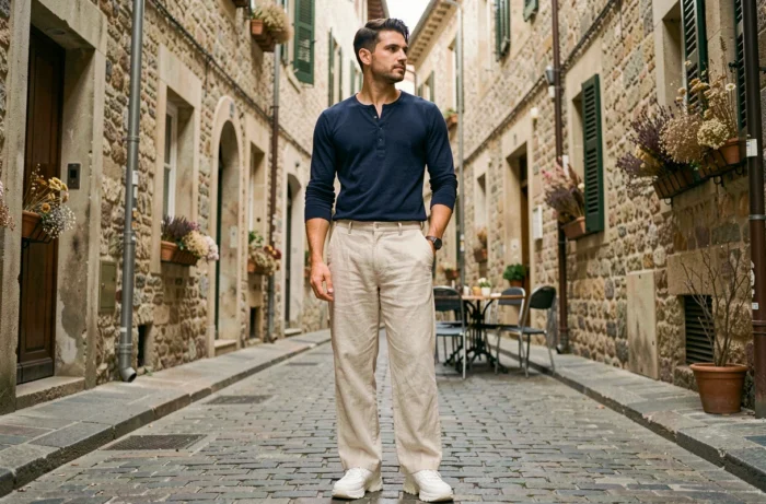 Homme en pantalon large en lin et sneakers blancs posant dans une rue pavée européenne