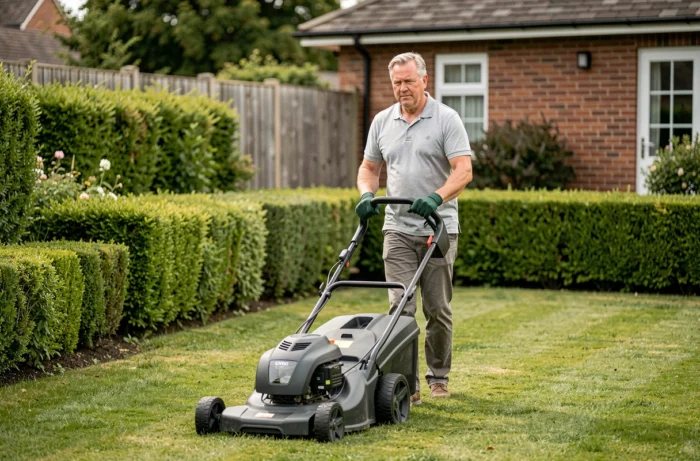 Homme utilisant une tondeuse électrique dans un jardin bien entretenu, illustrant le coût et les critères d'achat d'une tondeuse électrique