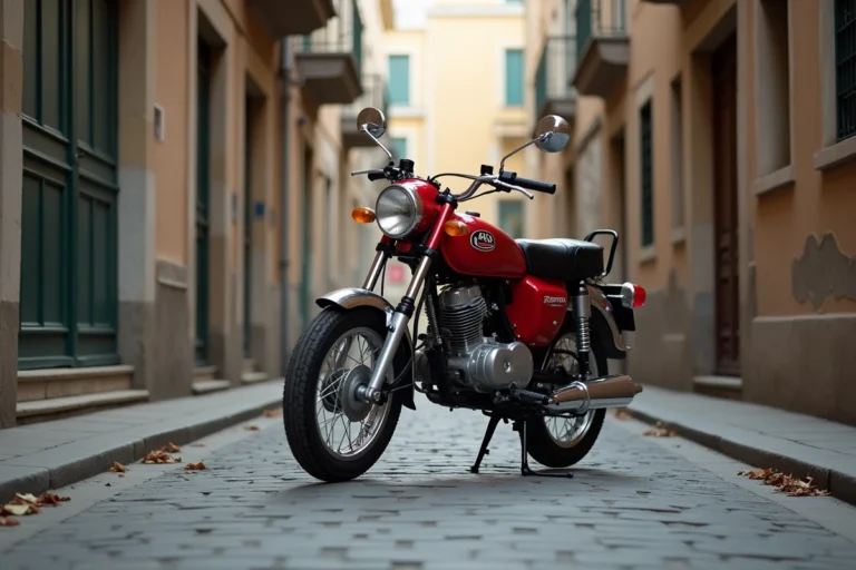 Honda Dax ST 125 rouge garé dans une ruelle pavée urbaine, vue trois quarts avant mettant en valeur le design rétro et le cadre tubulaire