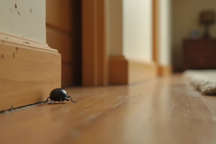 Petit insecte noir rond longeant une plinthe en bois dans un couloir intérieur
