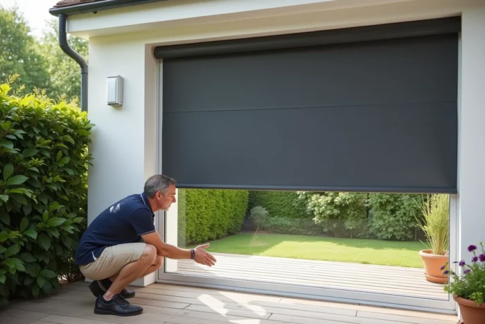 Homme installant une moustiquaire enroulable 300x220 sur une baie vitrée de maison avec terrasse et jardin