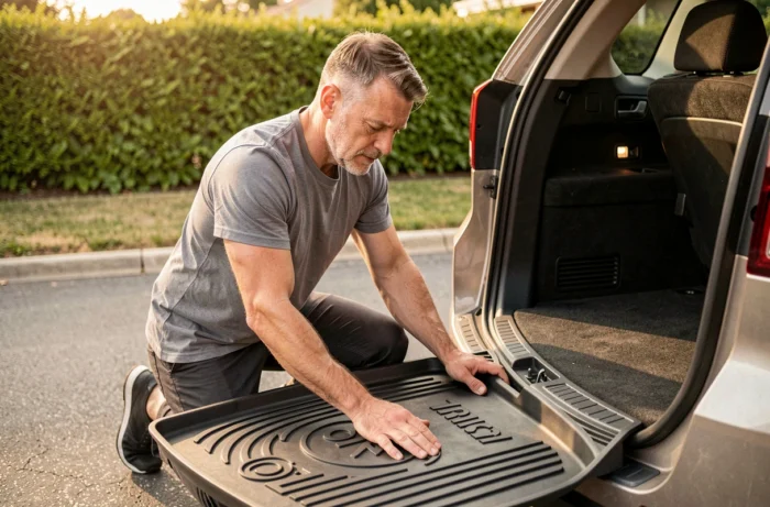 Homme installant un tapis de sol personnalisé en caoutchouc dans un SUV sur une allée résidentielle