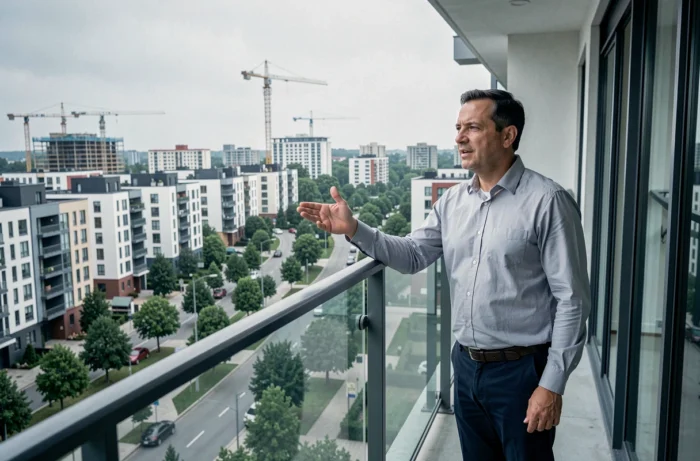 Investisseur immobilier observant un quartier résidentiel en développement depuis un balcon d'appartement neuf
