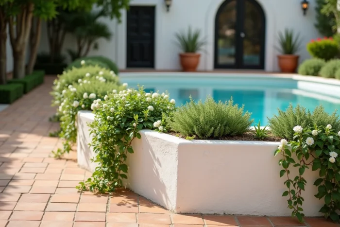 Jardinières maçonnées avec plantes retombantes encadrant une piscine hors sol en style méditerranéen