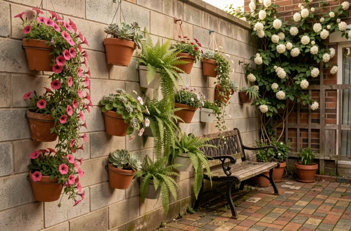Jardinières murales et pots suspendus avec plantes retombantes sur un mur en parpaing dans une cour