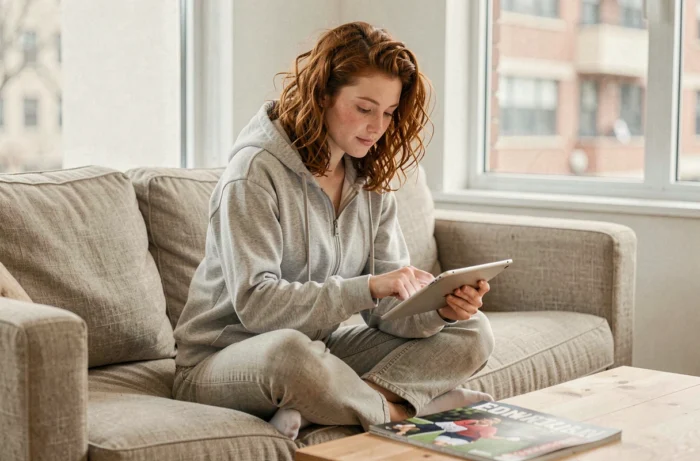 Jeune femme parcourant la carte du site Az Sport sur une tablette dans un salon cosy