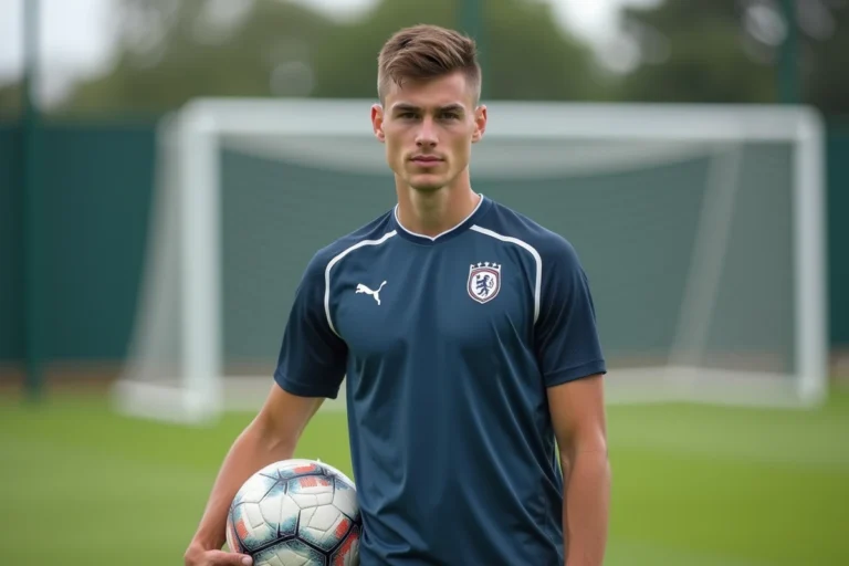 Jeune footballeur professionnel en tenue d'entraînement tenant un ballon sur un terrain de football en herbe naturelle