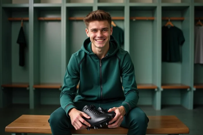 Jeune joueur de football assis dans un vestiaire de club professionnel tenant ses crampons avec un sourire naturel