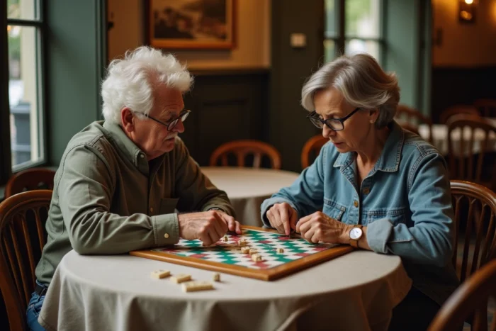 Deux joueurs de Scrabble consultant un dictionnaire officiel pour valider un mot en français dans un café