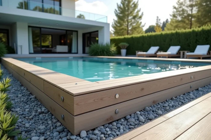 Lames en composite WPC habillant le pourtour d'une piscine hors sol dans un jardin moderne