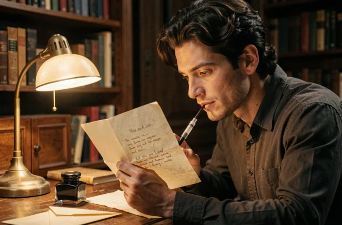 Un homme découvre un message écrit en encre invisible sur une lettre en tenant le papier sous un révélateur dans son bureau vintage