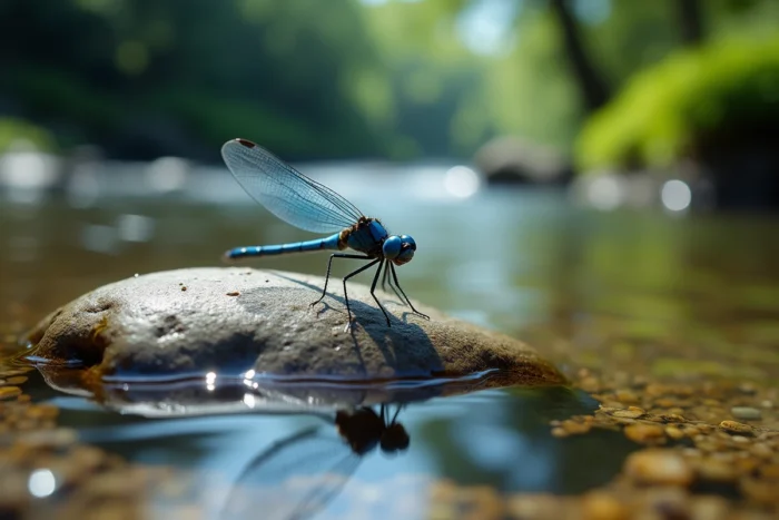 Libellule bleue sur une pierre au bord d'un ruisseau, gros plan macro révélant les détails irisés de l'insecte et son lien avec l'énergie naturelle