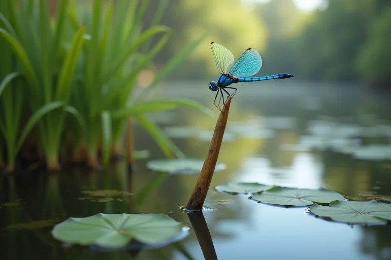 Libellule bleue posée sur un roseau au bord d'un étang, ailes déployées avec reflets irisés, symbolisant l'énergie et l'aura