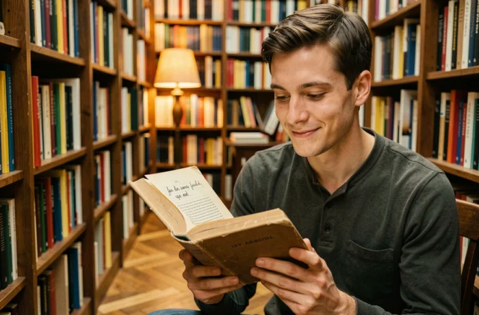 Un jeune homme découvre un message d'amour secret annoté dans la marge d'un livre ouvert à la bonne page