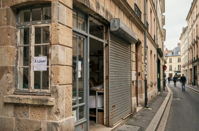 Local commercial vacant avec panneau À Louer sur une rue commerçante française illustrant les baux commerciaux