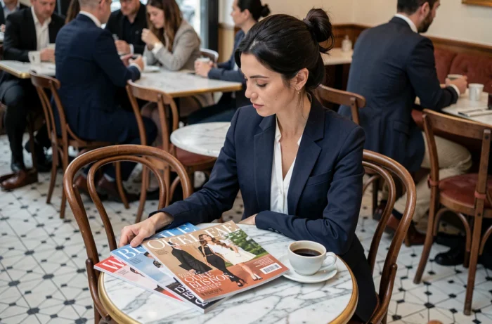 Femme élégante consultant des magazines féminins dans un café parisien avec café et pile de magazines sur table en marbre