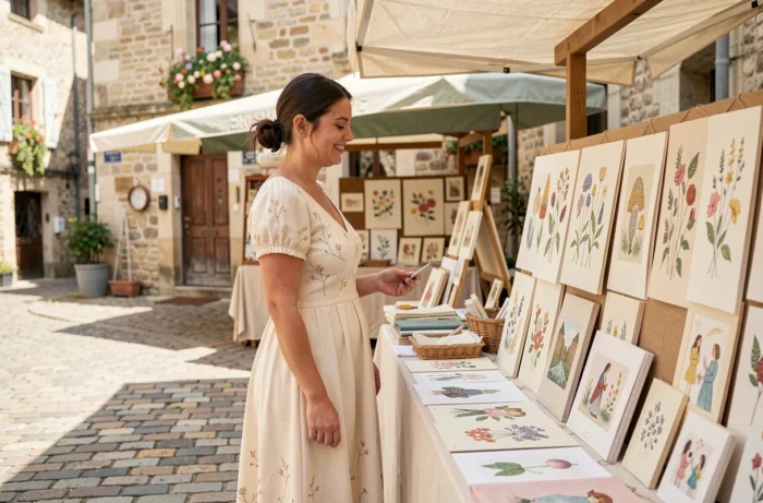 Femme parcourant des créations artisanales et estampes illustrées sur un marché de village français au printemps