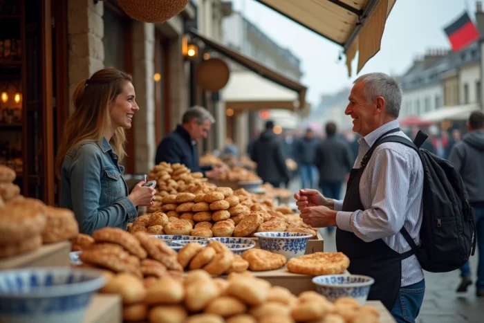 Marché breton animé avec étals de spécialités régionales, galettes et caramels au beurre salé, vendeur en marinière et drapeau breton