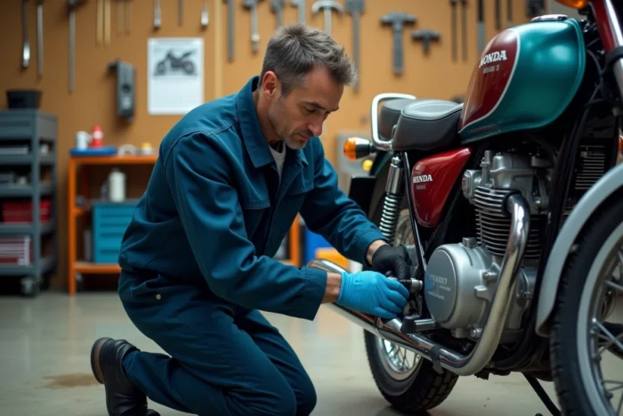 Mécanicien inspectant le moteur d'une Honda Dax ST 125 dans un atelier moto organisé, entretien et vérification du niveau d'huile