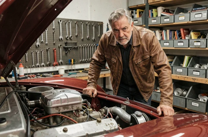 Mécanicien passionné inspectant le moteur d'une voiture ancienne britannique dans un atelier privé