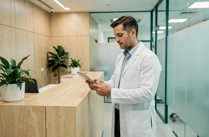 Médecin consultant une tablette numérique dans une clinique moderne, actualités santé et médecine préventive