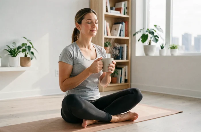 Femme pratiquant la méditation chez elle avec une tasse de thé, ambiance bien-être et santé au quotidien