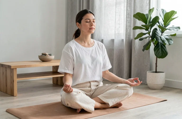 Femme pratiquant la méditation dans un salon minimaliste pour améliorer son bien-être au quotidien