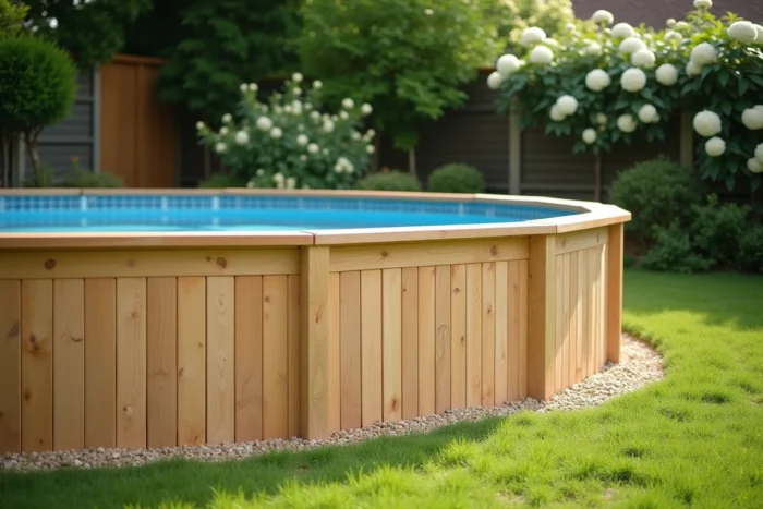 Habillage en mélèze de Sibérie en claire-voie autour d'une piscine hors sol dans un jardin verdoyant