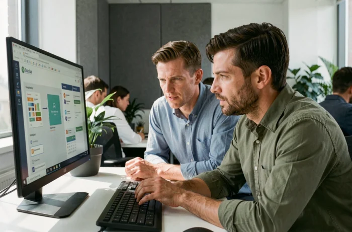Deux collègues masculins en situation de mentorat devant un module de formation en ligne dans un bureau moderne en open space