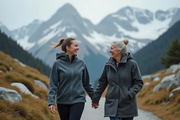 Mère et fille se promenant ensemble sur un sentier de montagne enneigé, illustrant le lien fort et l'héritage familial transmis à Zoé Grospiron