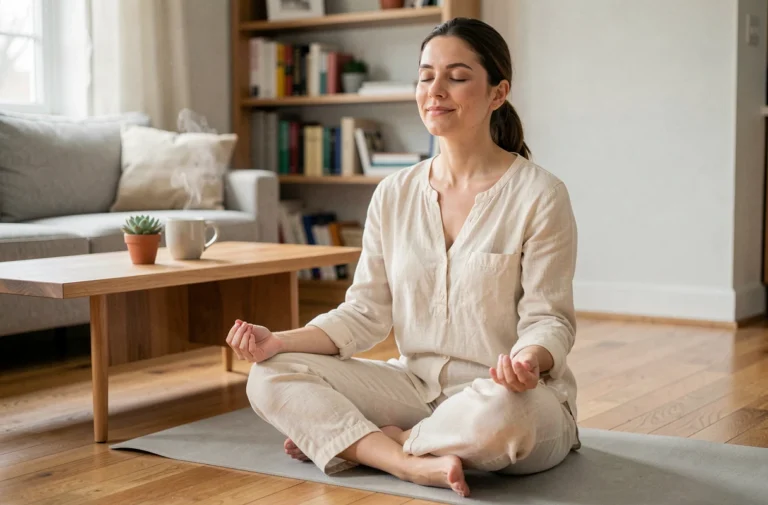 Mère trentenaire pratiquant la méditation et la respiration consciente sur un tapis de yoga dans un salon calme et lumineux
