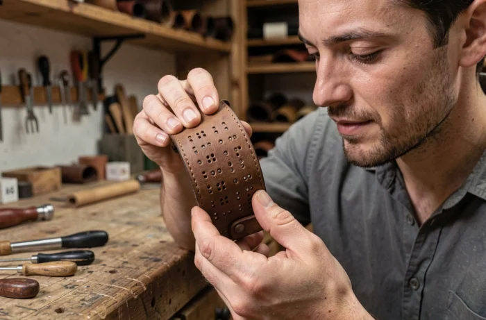 Un homme examine un bracelet en cuir tressé dont le motif en relief contient un message caché en code morse