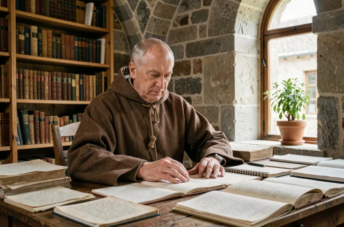 Moine catholique en habit brun examinant des registres financiers dans un scriptorium monastique en pierre
