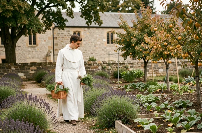 Jeune moine dominicain récoltant des herbes dans le jardin potager d'un monastère en automne