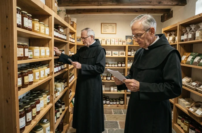 Deux moines bénédictins gérant la boutique artisanale d'un monastère vendant miel et produits artisanaux