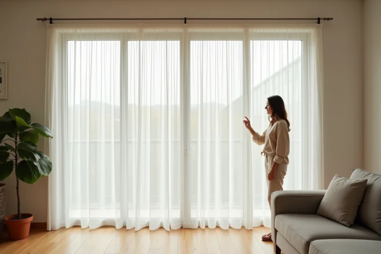 Femme examinant une moustiquaire 300x220 installée sur une baie vitrée dans un salon moderne