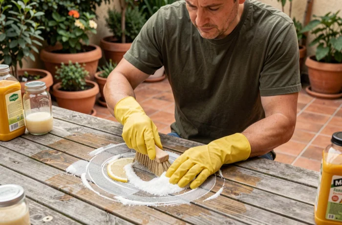 Homme en gants de protection récurant une table en bois extérieure avec un mélange de sel et de citron comme alternative naturelle et écologique aux produits chimiques d'entretien