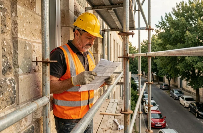 Ouvrier sur un échafaudage métallique consultant un devis de location devant une façade en pierre