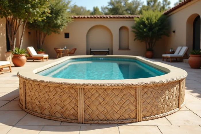Panneaux en résine tressée habillant une piscine hors sol sur une terrasse de style méditerranéen