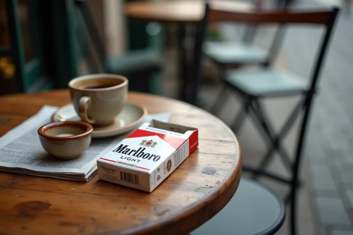 Paquet de cigarettes Marlboro Light vide sur une table de café parisien avec un expresso