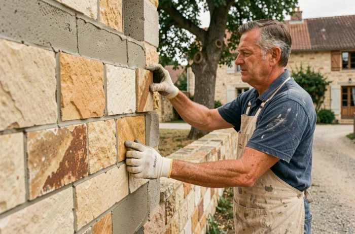 Pose de parement en pierre naturelle collé sur un mur extérieur en parpaing