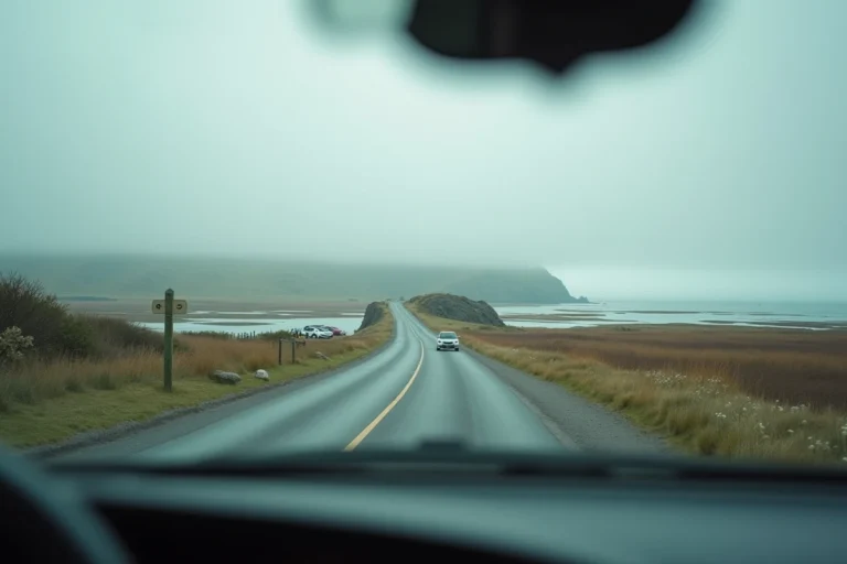 Aire de stationnement près de la chaussée menant à Saint-Cado en Bretagne avec panneau de signalisation